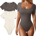 OQQ Women's 2 Piece Bodysuits Sexy Ribbed One Piece Square Neck Short Sleeve Bodysuits