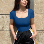 OQQ Women Bodysuits Ruched Short Sleeve Square Neck Stretch Lounge Travel Bodysuits Deep blue