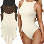 OQQ Women's 3 Piece Bodysuits Sexy Ribbed One Piece Sleeveless Halter Neck Tops Leotard Summer Trendy Black Coffee Beige