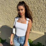 OQQ Women's 3 Piece Bodysuits Sexy Ribbed Strappy Square Neck Sleeveless Tummy Control Tank Tops Bodysuits Black Coffee White