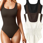 OQQ Women's 3 Piece Bodysuits Sexy Ribbed Sleeveless Square Neck Tank Tops Leotard 2025 Trendy Outfits Black Darkbrown Beige
