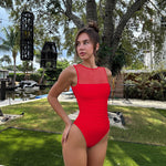 OQQ Women 2 Piece Bodysuit Mesh Ruched Sleeveless Turtle Neck Shapewear Body Suits One Piece Leotard Shirt Going Out Tops Red White