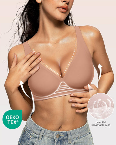 OEAK Womens Deep V Bras Jelly Wireless Comfortable Bra Supportive No Underwire Bras Tshirt Push Up Bralettes Seamless Bra XXL Latte