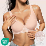 OEAK Womens Deep V Bras Wireless Comfortable Bra Supportive No Underwire Bras Tshirt Push Up Bralettes Plunge Seamless Bra Cool Nude L