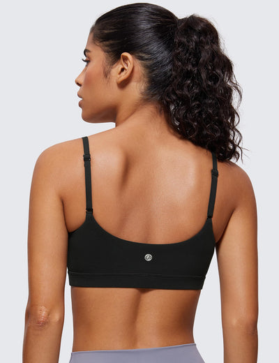 CRZ YOGA Butterluxe Adjustable Spaghetti Strap Sports Bras for Women - Scoop Neck Wireless Padded Yoga Workout Crop Top Black Small