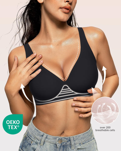 OEAK Womens Deep V Bras Wireless Comfortable Bra Supportive No Underwire Bras Tshirt Push Up Bralettes Plunge Seamless Bra Black L
