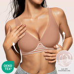 OEAK Womens Deep V Bras Wireless Comfortable Bra Supportive No Underwire Bras Tshirt Push Up Bralettes Plunge Seamless Bra Latte XS Plus