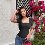 OQQ Women's 2 Piece Bodysuits Sexy Ribbed One Piece Square Neck Short Sleeve Bodysuits Black Coral