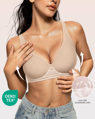 OEAK Womens Deep V Bras Wireless Comfortable Bra Supportive No Underwire Bras Tshirt Push Up Bralettes Plunge Seamless Bra Dark Beige S