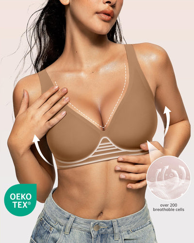 OEAK Womens Deep V Bras Wireless Comfortable Bra Supportive No Underwire Bras Tshirt Push Up Bralettes Plunge Seamless Bra Gravel Beige L