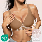 OEAK Womens Deep V Bras Wireless Comfortable Bra Supportive No Underwire Bras Tshirt Push Up Bralettes Plunge Seamless Bra Gravel Beige XL