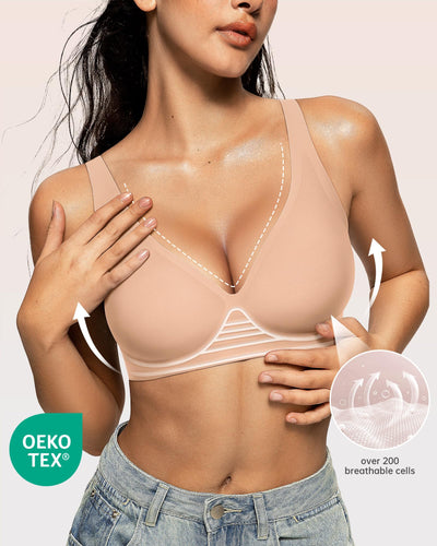OEAK Womens Deep V Bras Wireless Comfortable Bra Supportive No Underwire Bras Tshirt Push Up Bralettes Plunge Seamless Bra Praline 3XL