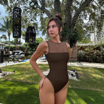 OQQ Women 2 Piece Bodysuit Mesh Ruched Sleeveless Turtle Neck Shapewear Body Suits One Piece Leotard Shirt Going Out Tops Darkbrown Oatmeal