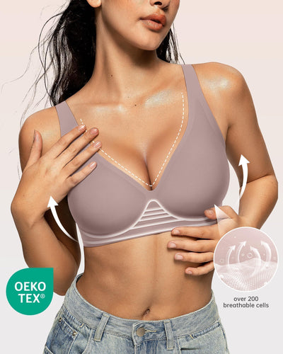 OEAK Womens Deep V Bras Wireless Comfortable Bra Supportive No Underwire Bras Tshirt Push Up Bralettes Plunge Seamless Bra Grey XL