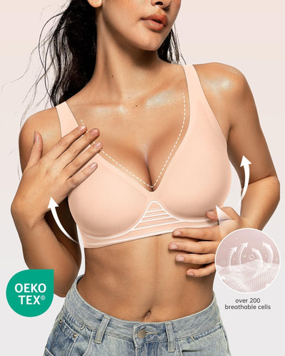 OEAK Womens Deep V Bras Wireless Comfortable Bra Supportive No Underwire Bras Tshirt Push Up Bralettes Plunge Seamless Bra Blush Nude 3XL