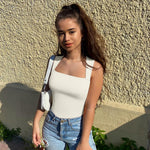 OQQ Women's 3 Piece Bodysuits Sexy Ribbed Strappy Square Neck Sleeveless Tummy Control Tank Tops Bodysuits