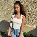 OQQ Women's 3 Piece Bodysuits Sexy Ribbed Strappy Square Neck Sleeveless Tummy Control Tank Tops Bodysuits Black Red Beige
