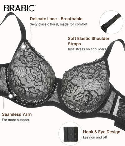BRABIC Minimizer Bras for Women Full Coverage Seamless Unlined Lace Bra with Underwire Support for Large Breasts, T-Shirt Bra, 38D, Black