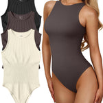OQQ Women's 3 Piece Bodysuits Sexy Ribbed One Piece Sleeveless Halter Neck Tops Leotard Summer Trendy Black Tea leaf Beige