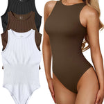 OQQ Women's 3 Piece Bodysuits Sexy Ribbed One Piece Sleeveless Halter Neck Tops Leotard Summer Trendy Black Coffee White