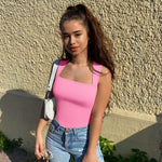 OQQ Women's 3 Piece Bodysuits Sexy Ribbed Strappy Square Neck Sleeveless Tummy Control Tank Tops Bodysuits Black Fluore pink Fluore green