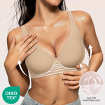 OEAK Womens Deep V Bras Wireless Comfortable Bra Supportive No Underwire Bras Tshirt Push Up Bralettes Plunge Seamless Bra Semolina M
