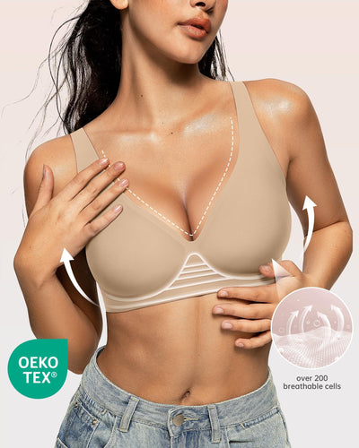 OEAK Womens Deep V Bras Wireless Comfortable Bra Supportive No Underwire Bras Tshirt Push Up Bralettes Plunge Seamless Bra Semolina M