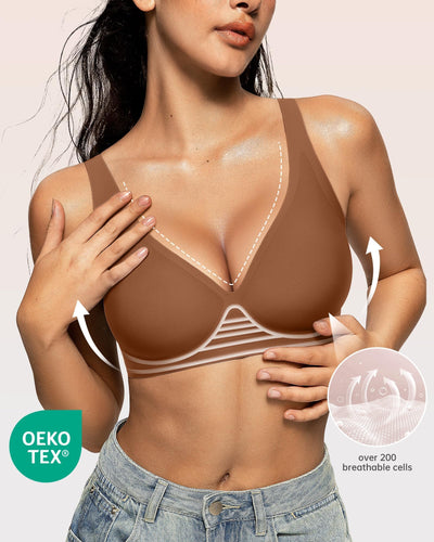 OEAK Womens Deep V Bras Wireless Comfortable Bra Supportive No Underwire Bras Tshirt Push Up Bralettes Plunge Seamless Bra Cinnamon XXL