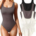 OQQ Women's 3 Piece Bodysuits Sexy Ribbed Sleeveless Square Neck Tank Tops Leotard 2025 Trendy Outfits Black Tea leaf Beige