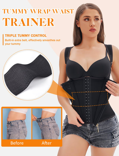 GainKee Waist Trainer Corset for Women Tummy Control Body Shaper Sport Workout Cincher Tank Top with Straps Black XS