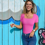 OQQ Women's 2 Piece Bodysuits Sexy Ribbed One Piece Square Neck Short Sleeve Bodysuits Black Rose