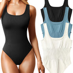 OQQ Women's 3 Piece Bodysuits Sexy Ribbed Sleeveless Square Neck Tank Tops Leotard 2025 Trendy Outfits Black Haze blue Beige