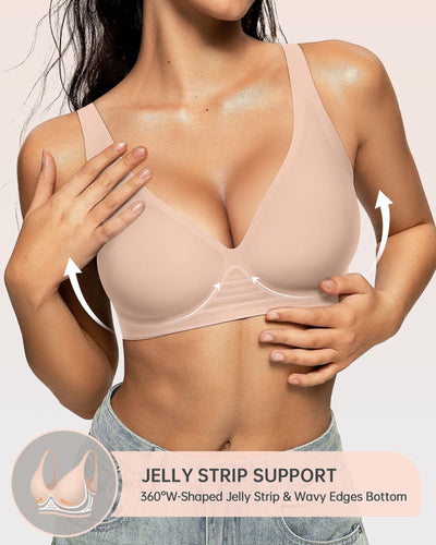 OEAK Womens Deep V Bras Wireless Comfortable Bra Supportive No Underwire Bras Tshirt Push Up Bralettes Plunge Seamless Bra Nude M