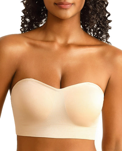 PRETTYWELL Strapless Bra for Women Comfort Non-Slip Seamless Padded Bandeau Bras Wireless Tube Top Bra with Multi-Way Straps Beige