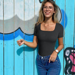 OQQ Women's 2 Piece Bodysuits Sexy Ribbed One Piece Square Neck Short Sleeve Bodysuits Black Coffee