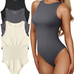 OQQ Women's 3 Piece Bodysuits Sexy Ribbed One Piece Sleeveless Halter Neck Tops Leotard Summer Trendy Black Darkgrey Beige