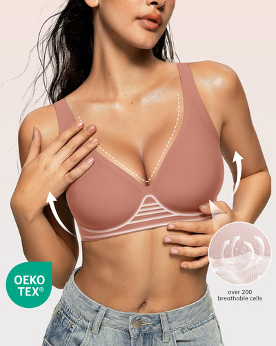 OEAK Womens Deep V Bras Wireless Comfortable Bra Supportive No Underwire Bras Tshirt Push Up Bralettes Plunge Seamless Bra Dusty XL