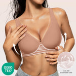 OEAK Womens Deep V Bras Wireless Comfortable Bra Supportive No Underwire Bras Tshirt Push Up Bralettes Plunge Seamless Bra Latte XXL