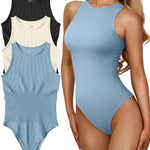 OQQ Women's 3 Piece Bodysuits Sexy Ribbed One Piece Sleeveless Halter Neck Tops Leotard Summer Trendy Black Beige Blue
