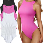 OQQ Women's 3 Piece Bodysuits Sexy Ribbed One Piece Sleeveless Halter Neck Tops Leotard Summer Trendy