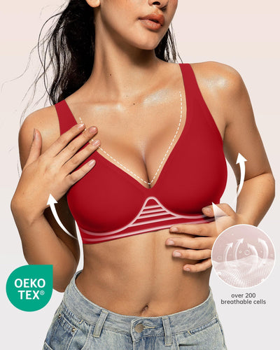 OEAK Womens Deep V Bras Wireless Comfortable Bra Supportive No Underwire Bras Tshirt Push Up Bralettes Plunge Seamless Bra Red S