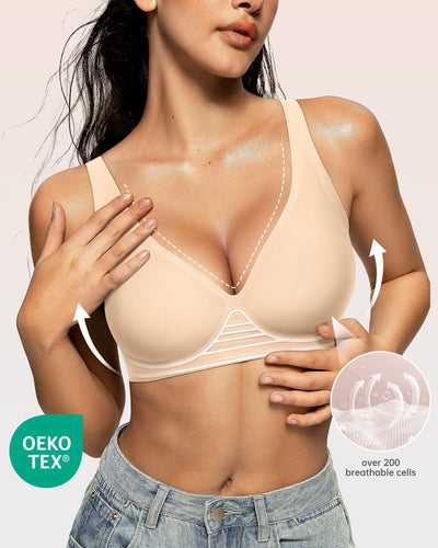 OEAK Womens Deep V Bras Wireless Comfortable Bra Supportive No Underwire Bras Tshirt Push Up Bralettes Plunge Seamless Bra Beige XXL Plus