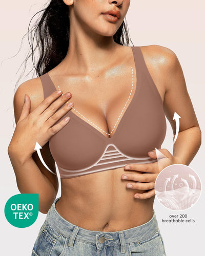 OEAK Womens Deep V Bras Wireless Comfortable Bra Supportive No Underwire Bras Tshirt Push Up Bralettes Plunge Seamless Bra Coffee S Plus